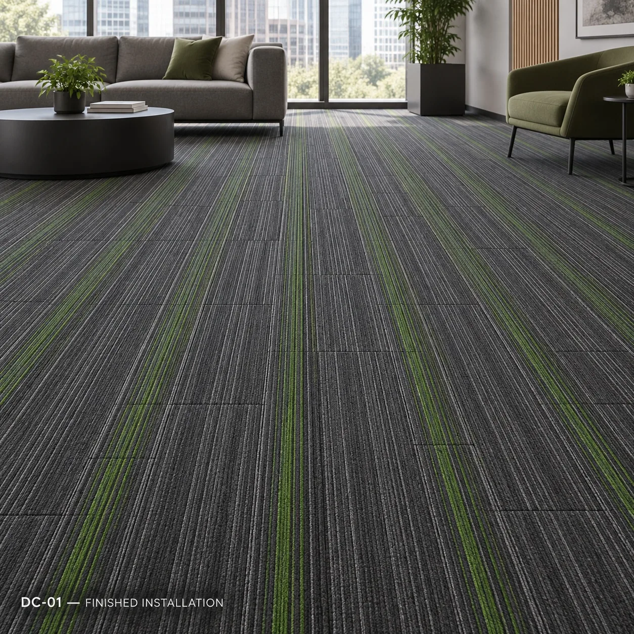 DC-01 – Green Accent Carpet Tile — Luxury carpet tiles — 25cm × 100cm · 28 pcs per box — laid by Afeef Maimun, Nairobi and Mombasa