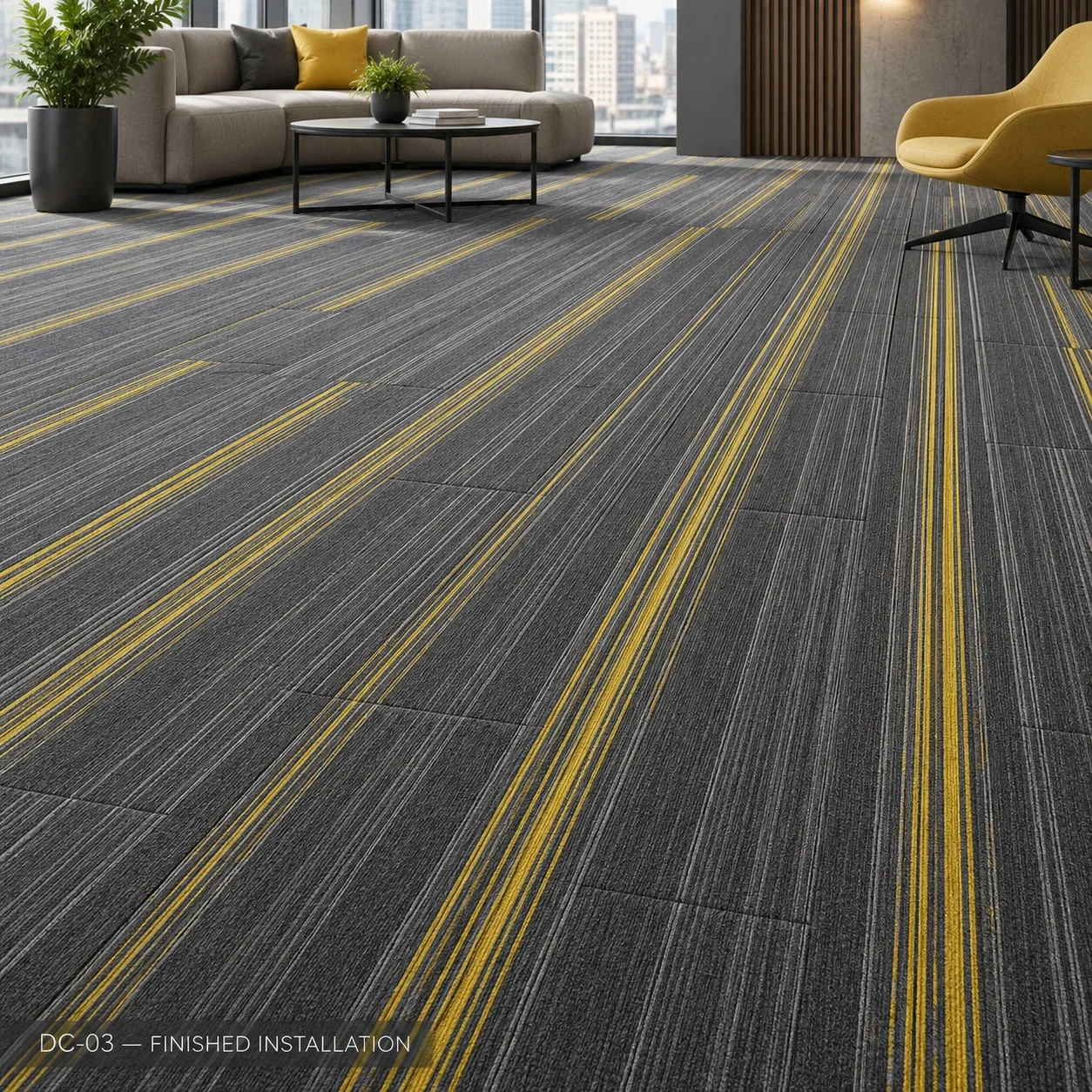 DC-03 – Yellow Accent Carpet Tile — Luxury carpet tiles — 25cm × 100cm · 28 pcs per box — laid by Afeef Maimun, Nairobi and Mombasa