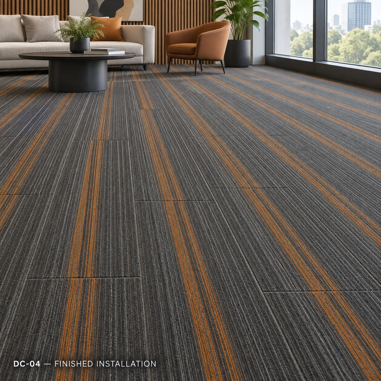 DC-04 – Orange/Brown Accent Carpet Tile — Luxury carpet tiles — 25cm × 100cm · 28 pcs per box — laid by Afeef Maimun, Nairobi and Mombasa