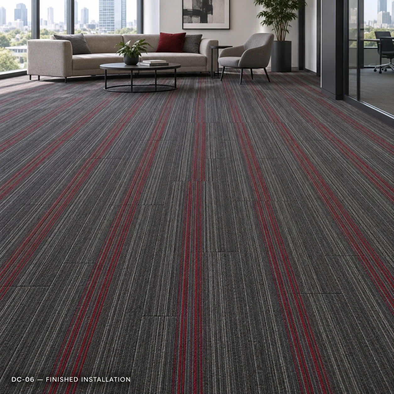 DC-06 – Red Accent Carpet Tile — Luxury carpet tiles — 25cm × 100cm · 28 pcs per box — laid by Afeef Maimun, Nairobi and Mombasa