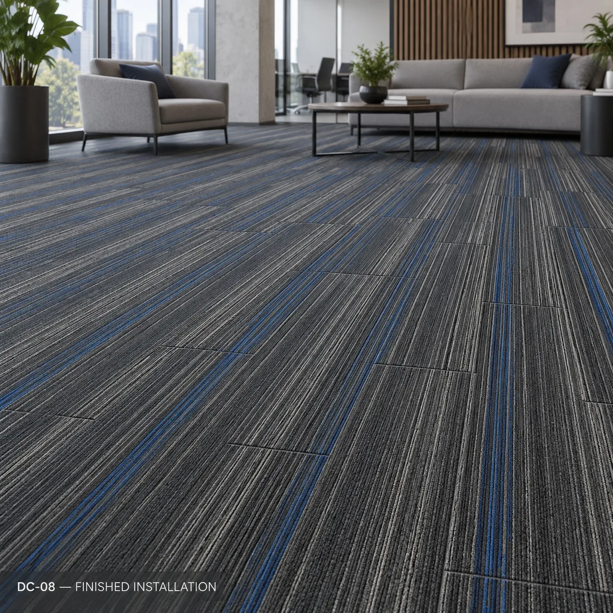 DC-08 – Blue Accent Carpet Tile — Luxury carpet tiles — 25cm × 100cm · 28 pcs per box — laid by Afeef Maimun, Nairobi and Mombasa