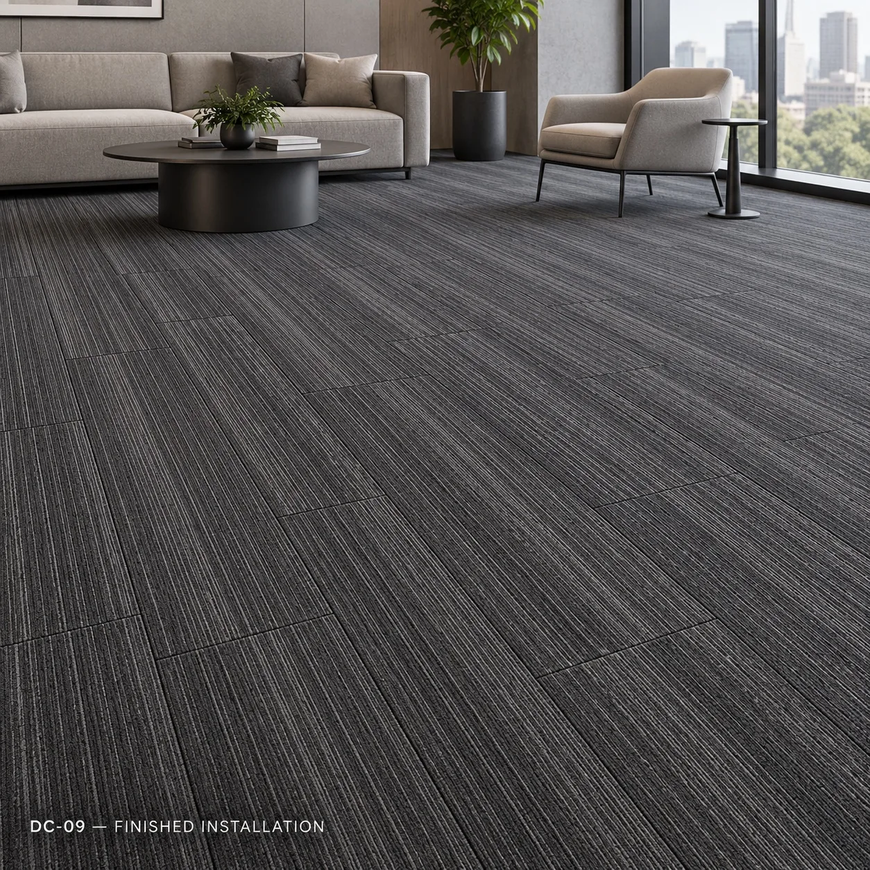 DC-09 – Charcoal Striped Carpet Tile — Luxury carpet tiles — 25cm × 100cm · 28 pcs per box — laid by Afeef Maimun, Nairobi and Mombasa