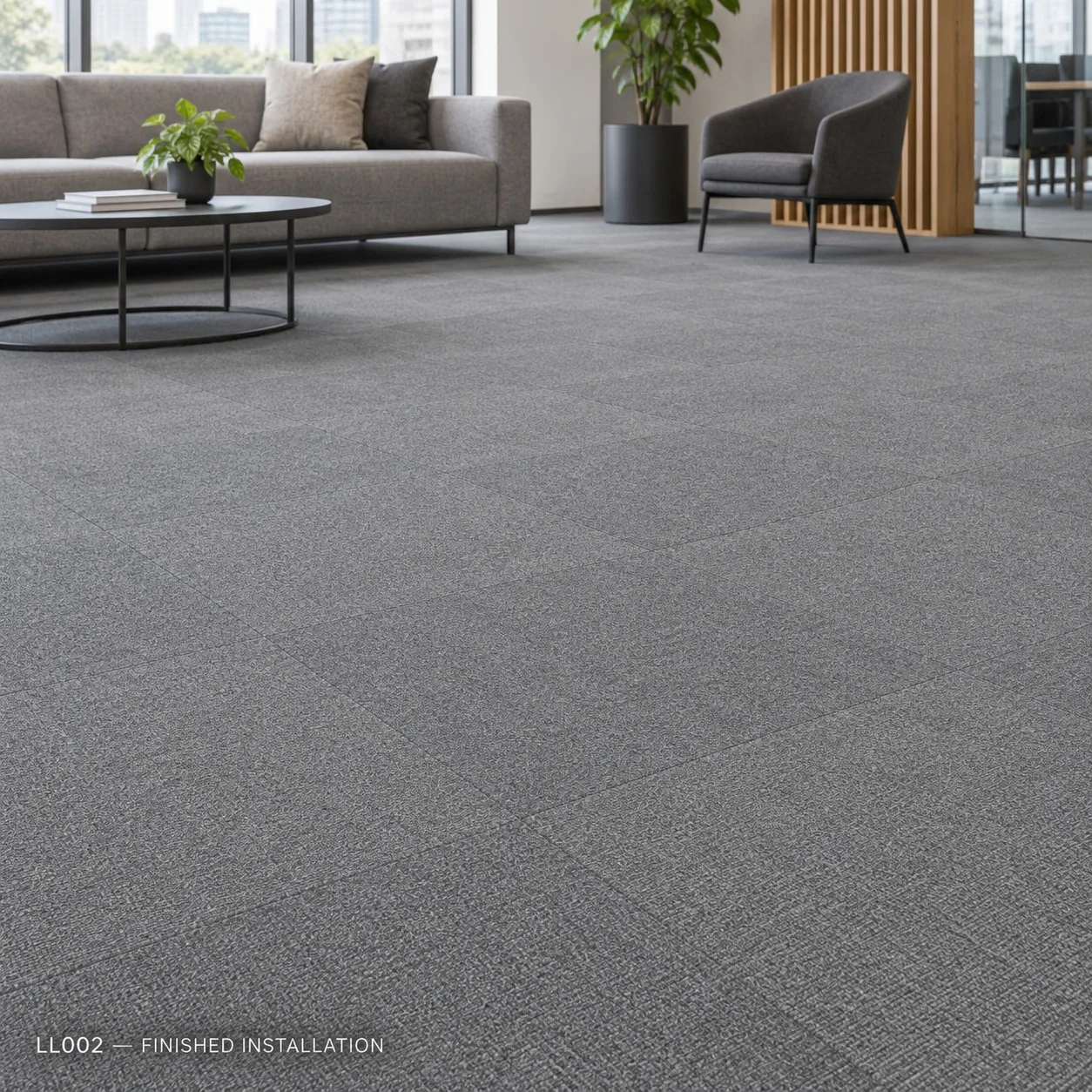 LL002 – Medium Grey Carpet Tile — Luxury carpet tiles — 50 × 50 cm — laid by Afeef Maimun, Nairobi and Mombasa
