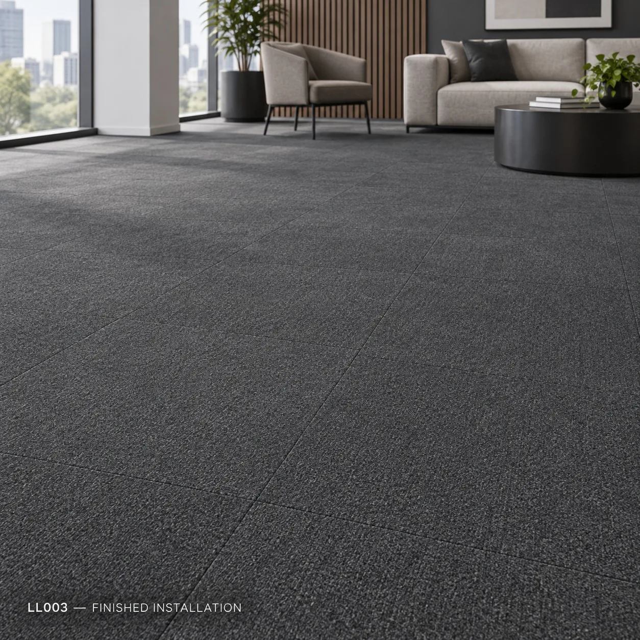 LL003 – Dark Grey Carpet Tile — Luxury carpet tiles — 50 × 50 cm — laid by Afeef Maimun, Nairobi and Mombasa