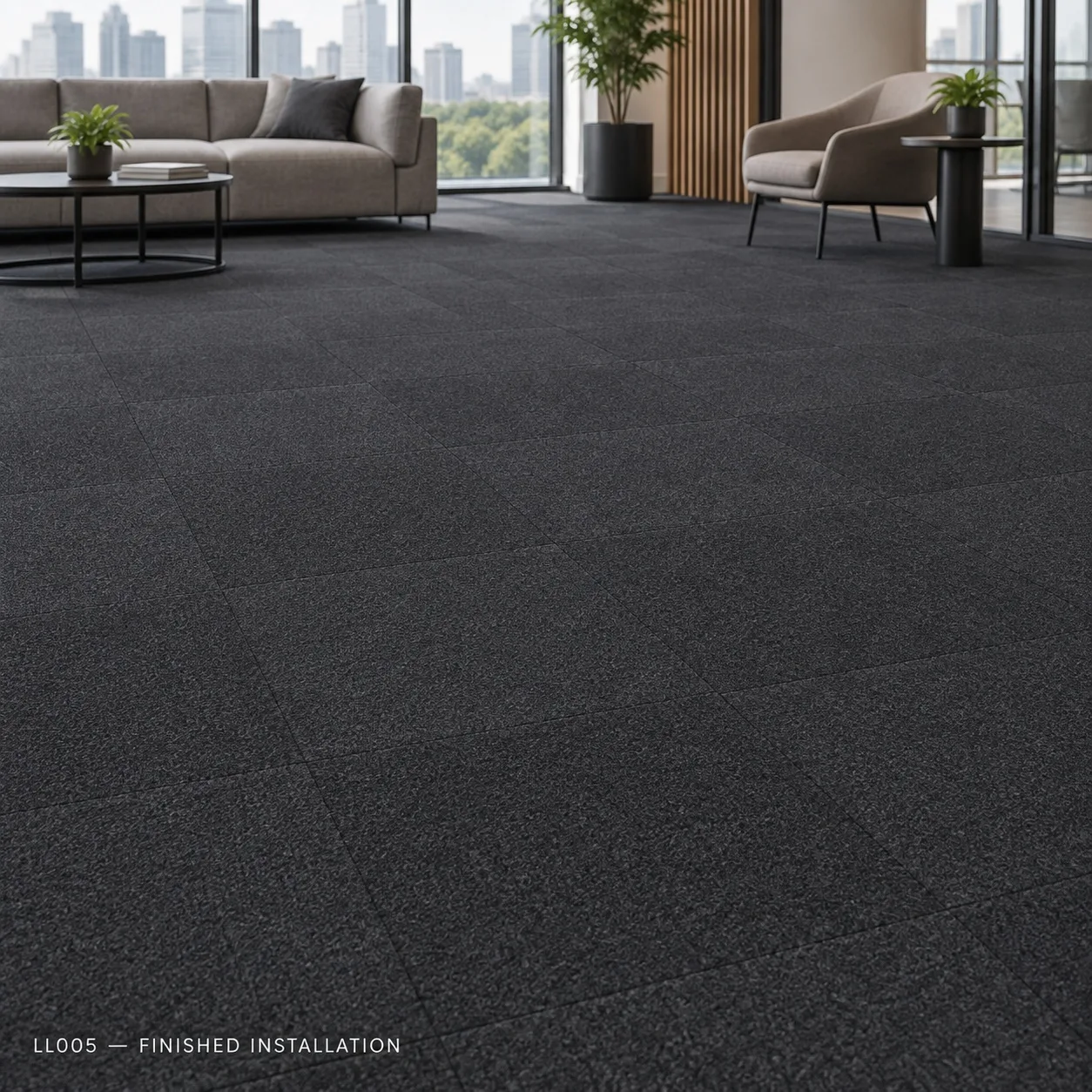 LL005 – Charcoal / Black Carpet Tile — Luxury carpet tiles — 50 × 50 cm — laid by Afeef Maimun, Nairobi and Mombasa