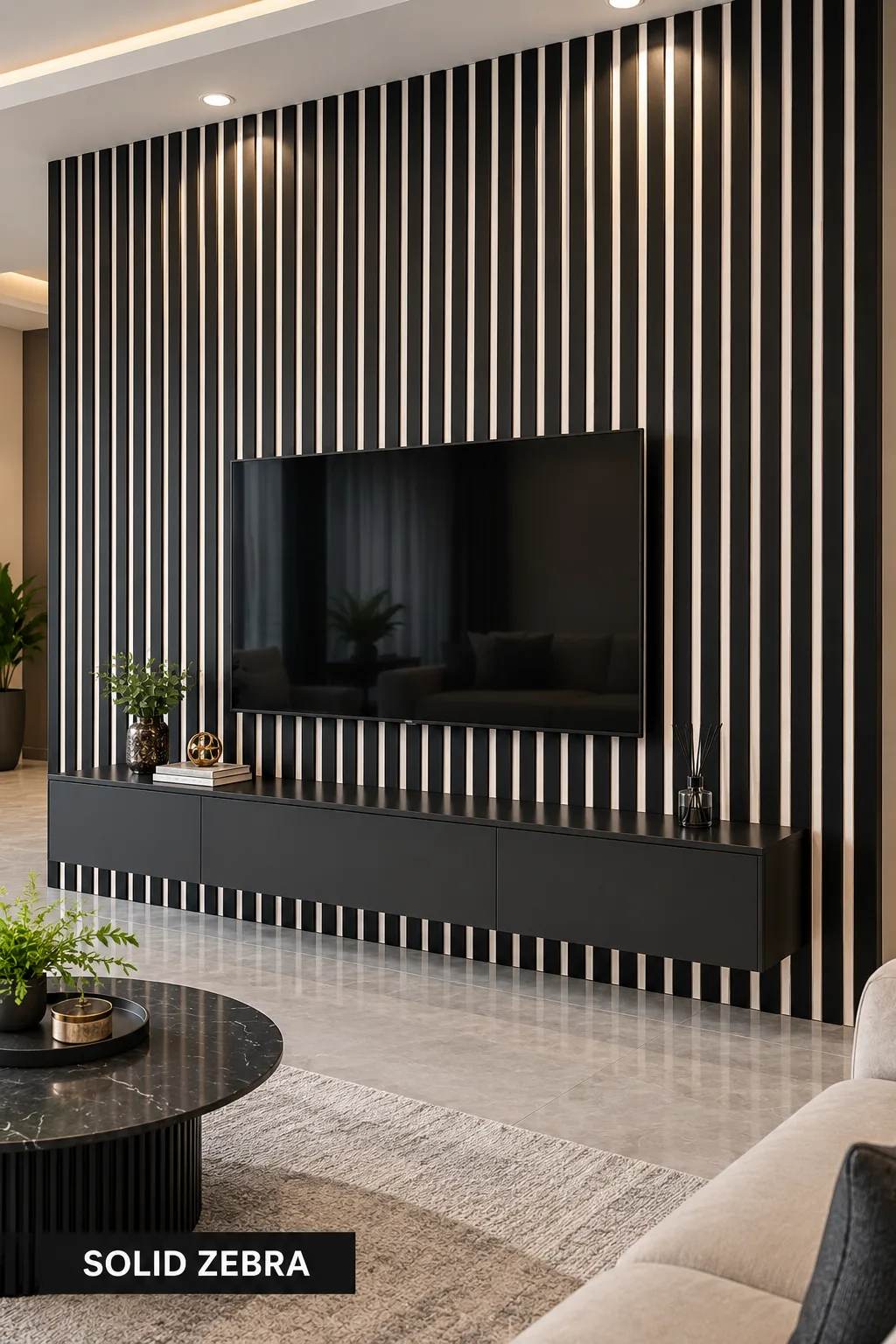 PS Fully Solid Zebra — Luxury wpc fluted wall panels — 2500*188mm — laid by Afeef Maimun, Nairobi and Mombasa