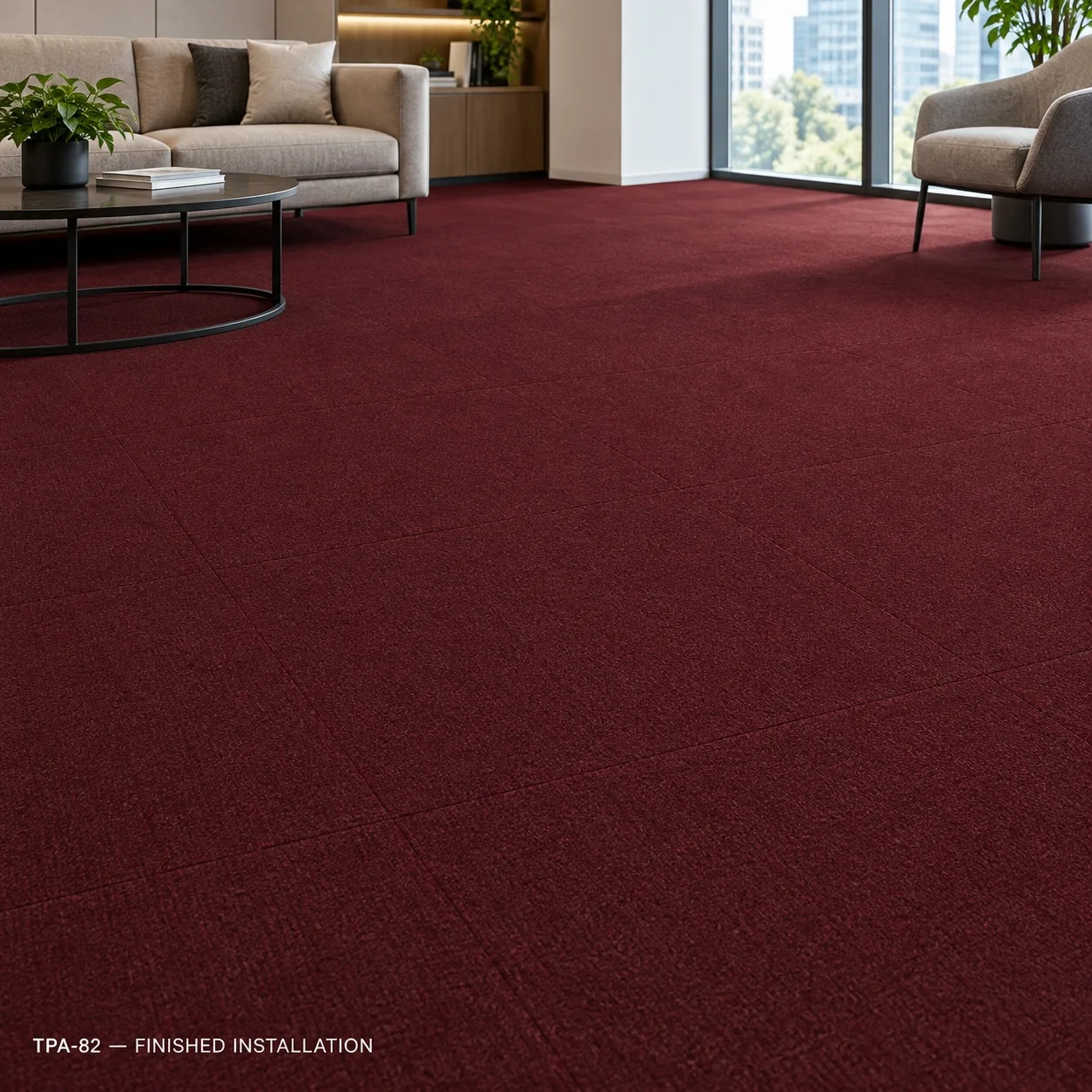 TPA-82 – Burgundy Carpet Flooring — Luxury carpet tiles — 25 × 100cm — laid by Afeef Maimun, Nairobi and Mombasa