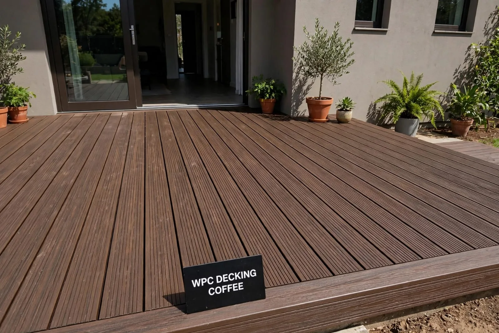 WPC Decking – Coffee (Luxury) — Luxury wpc decking — 2900 × 140 × 25 mm — laid by Afeef Maimun, Nairobi and Mombasa