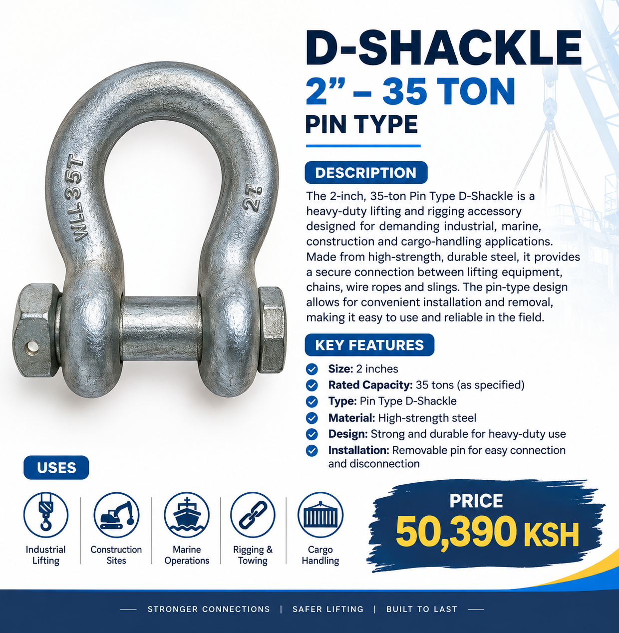 D-Shackle 2" – 35 Ton Pin Type — D SHACKLE (DSH) shackles — supplied by Afeef Maimun, Nairobi and Mombasa