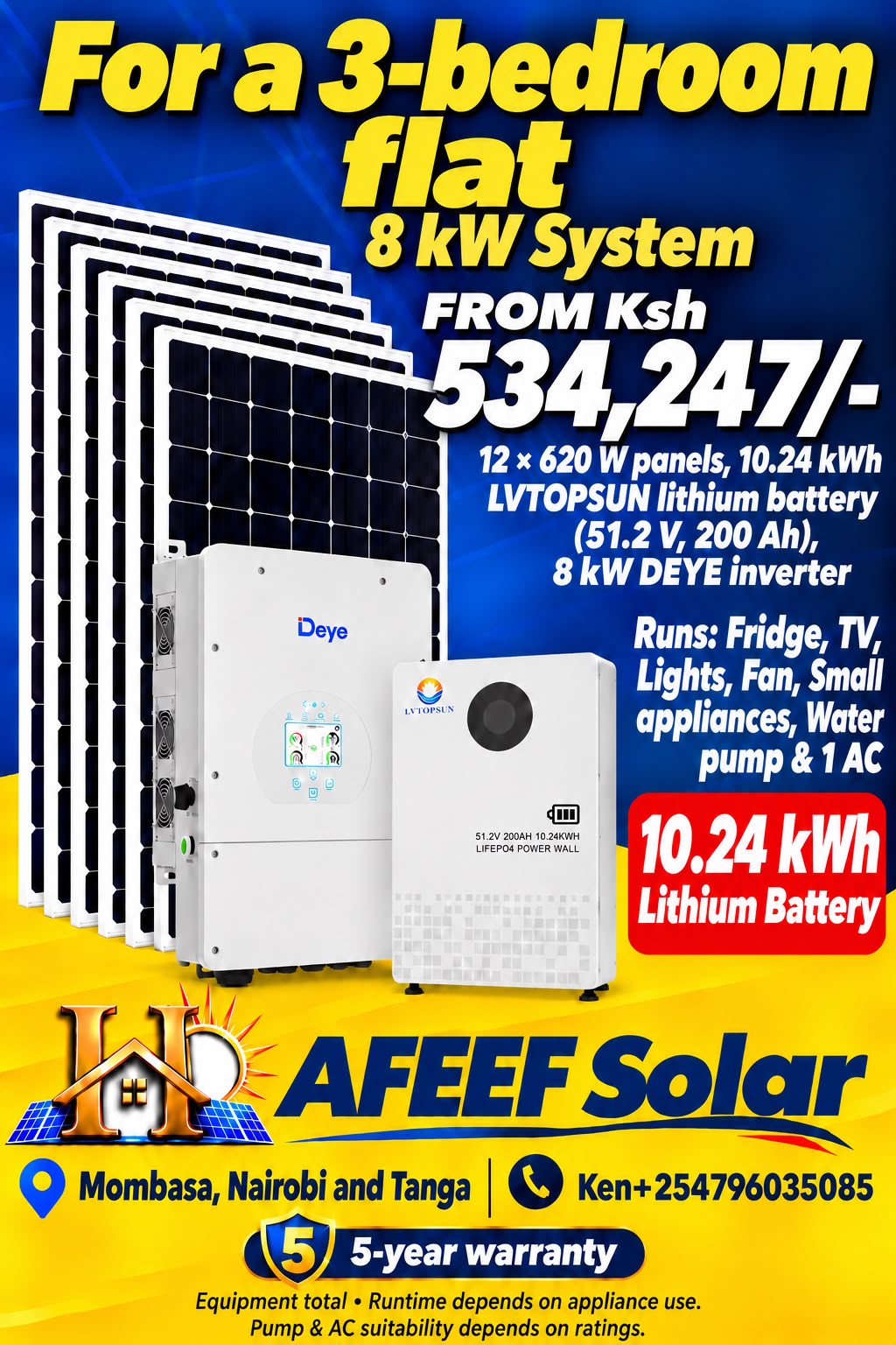 Solar Package – 3 Bedroom Flat — solar packages — supplied by Afeef Maimun, Nairobi and Mombasa