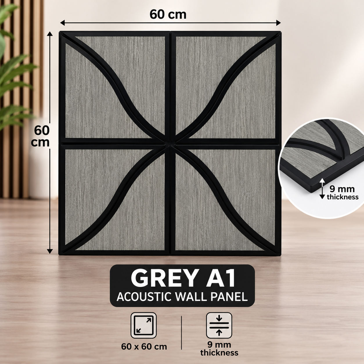 Grey A1 Acoustic Wall Panel — afeef acoustic panels — 600 × 600 × 9 mm — supplied by Afeef Maimun, Nairobi and Mombasa